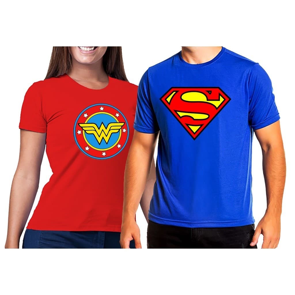 Kit Casal Crush Camisetas casalzinho Super Herói Super Man e mulher Maravilha 100% algodão