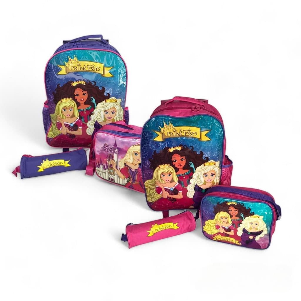 Kit Mochila Infantil Menina com Estojo e Lancheira Escolar com 3 peças Princesas Mágicas ROXO