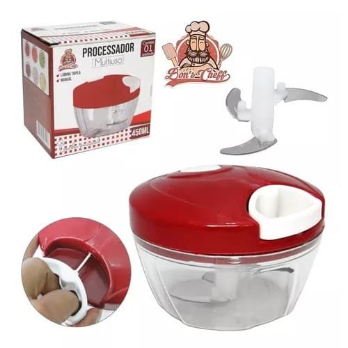 Processador de Alimentos Manual C/ 3 Lâminas Inox Triturador de Alho Cebola e Alimentos 450ml Multiuso