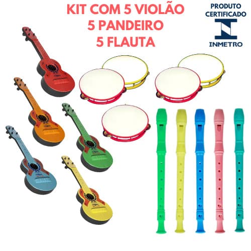 Kit 15 Brinquedos Instrumentos Viola Infantil Pandeiro Flauta Musicais Violão Pandeirinho Flautinha