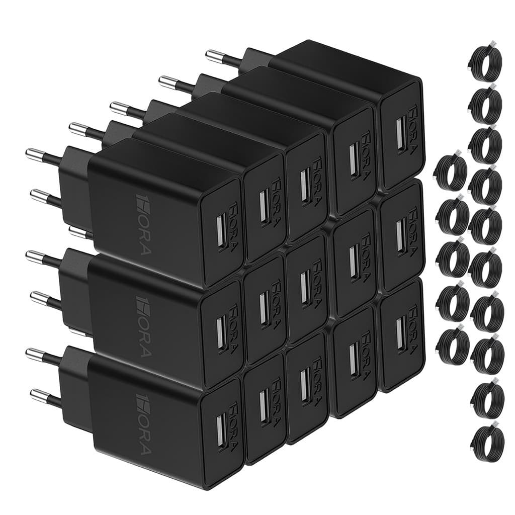KIT 15X Carregador Usb 1Hora + Cabo Micro Usb/Usb A Preto