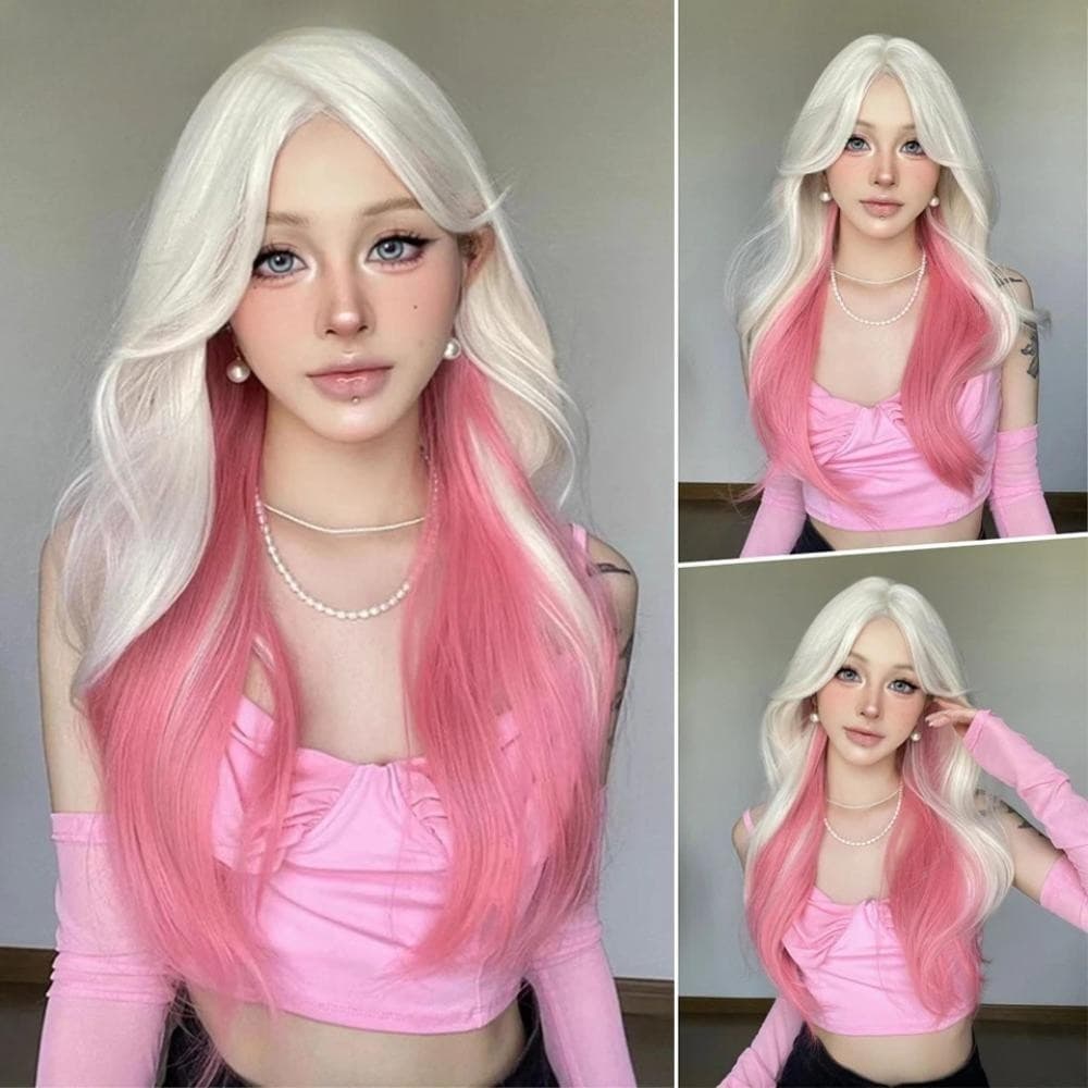 AHOUR1 Perucas De Onda De Corpo Longo , Peruca De Halloween Em Camadas Loiras Rosa Natural , Lol De Cosplay Encaracolado