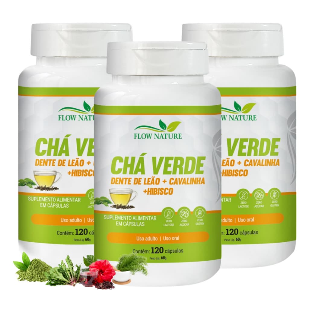 Chá Verde - Hibisco - Cavalinha e Dente de Leão 120 Cápsulas de 500 mg - Kits Com 1, 2 e 3 Potes - Flow Nature