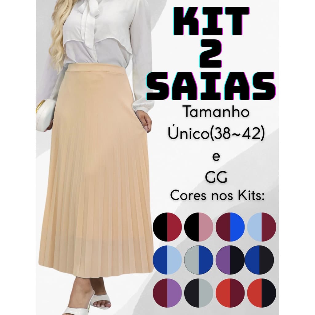 Kit 2 Saia Feminina Longa Plissado com Forro e  Elástico na Cintura Moda Crista Evangélica Tendencia
