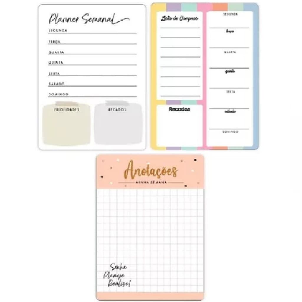 3 Lousas Planner Magnéticas Quadros para Compras e Anotações