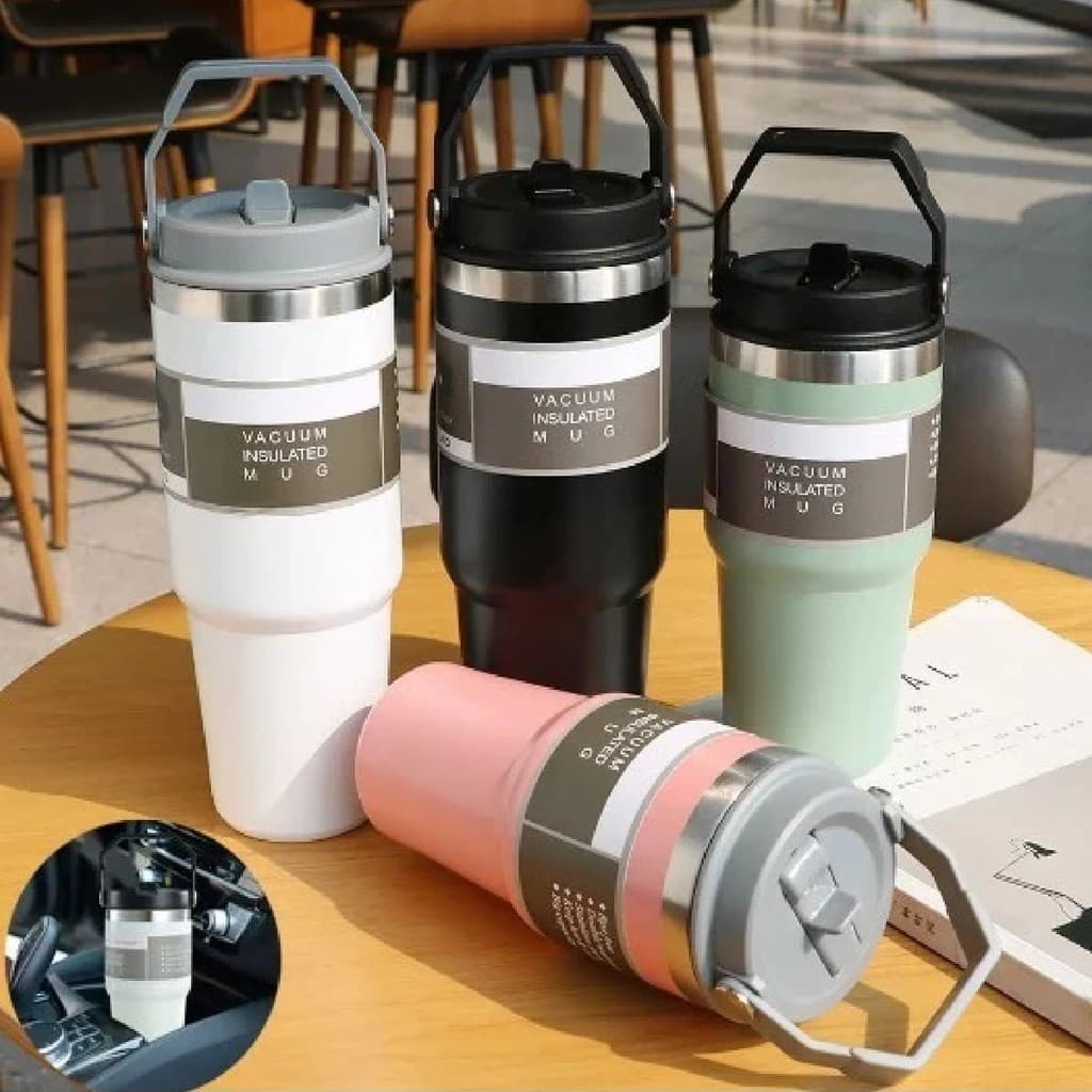 Copo Térmico Inox Tampa Canudo Com Alça Água Bebidas 600ml