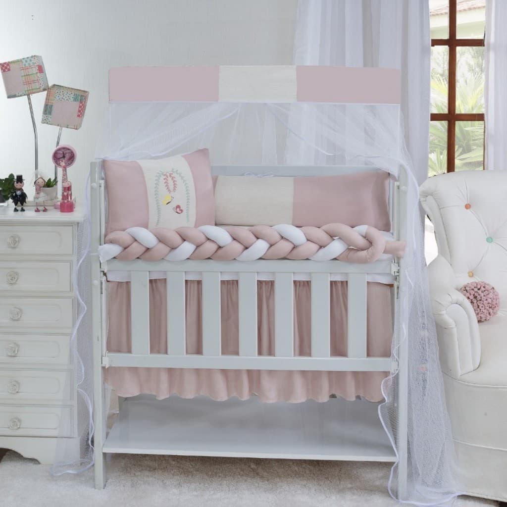 Kit Mini Berço 6 Peças com Trança e Mosquiteiro – Várias Estampas Aconchegantes para Bebê