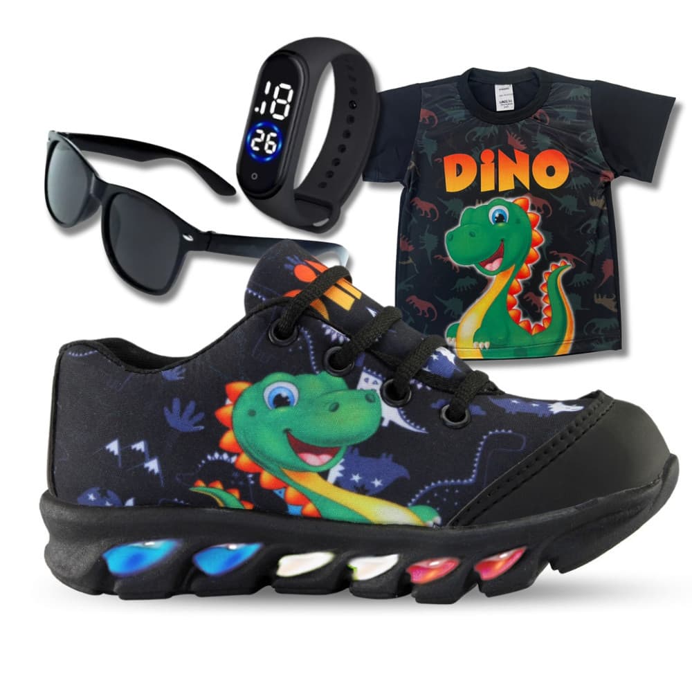 Kit Tênis de Led Infantil Masculino Dino Dinossauro Camisa Relogio e Óculos