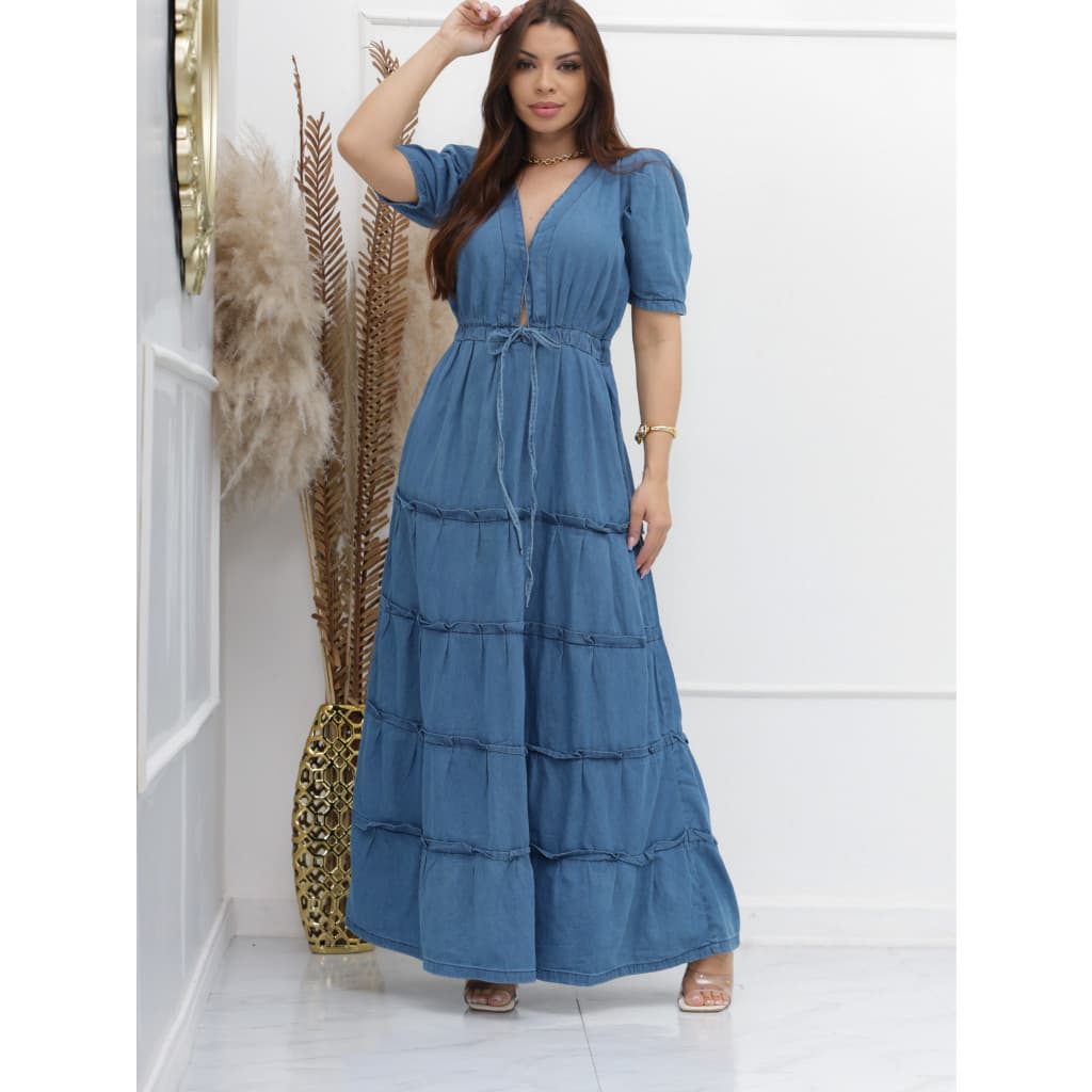 ninajeans 925 vestido longo jeans feminina longa manga bufante