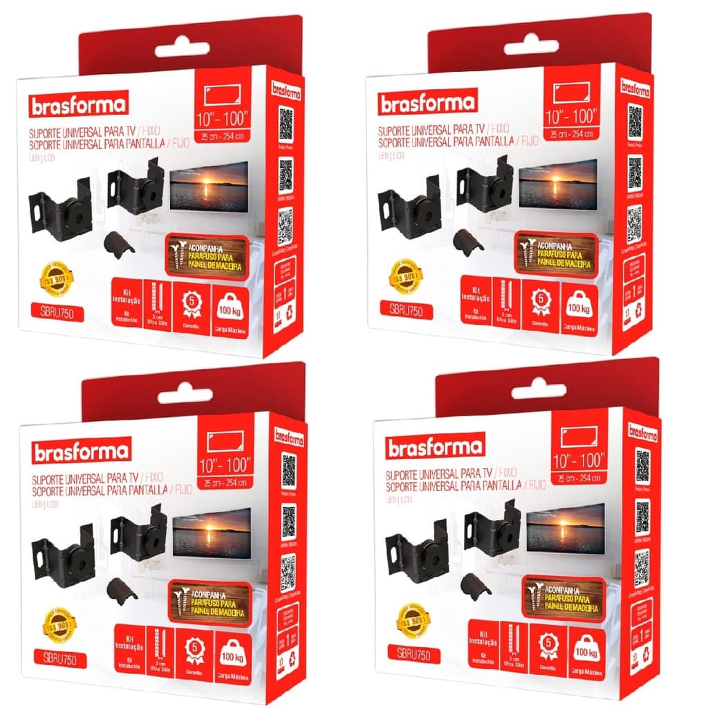 Kit 4 Suportes Universal Fixo Tv Smart LG LED Painel Parede 10 a 100 Polegadas