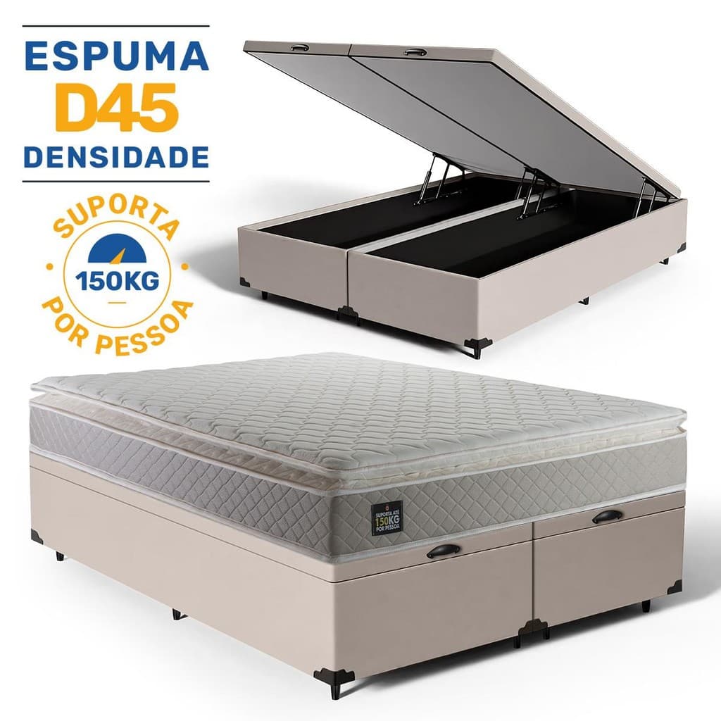Cama Box Baú com Colchão de Espuma D45 Pillow Top Strong Queen 158cm