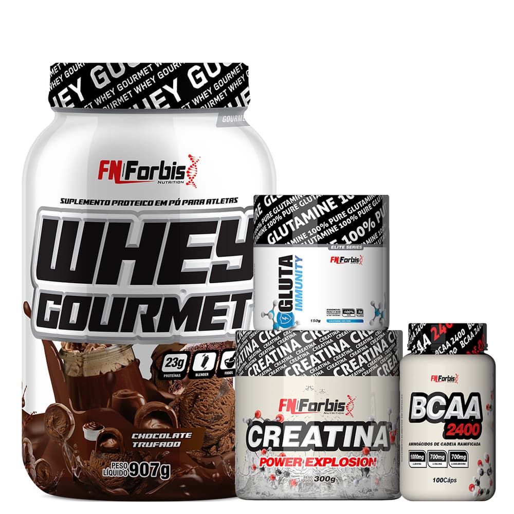 Kit Whey Gourmet Pote + Creatina 300g + Glutamina 150g + BCAA 100 cáps - FN Forbis