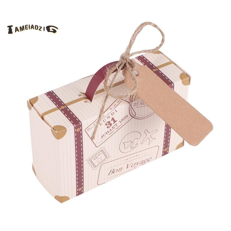 50 Peças Mini Caixa De Lembrancinhas De Mala Doces , Papel Kraft Vintage Com Etiquetas E Corda Para Casamento/Viagem Tem