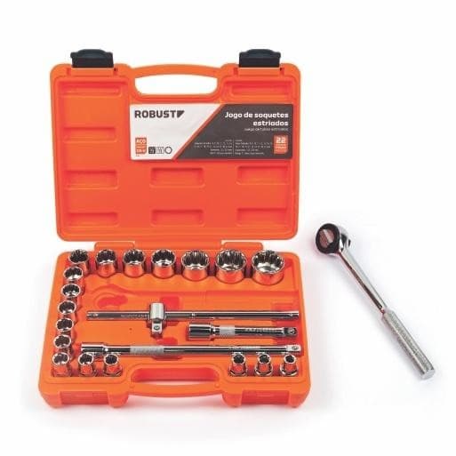 Jogo de Soquetes Estriados 1/2 Pol 8 a 32mm D26-22 AM com 22 Peças - Robust