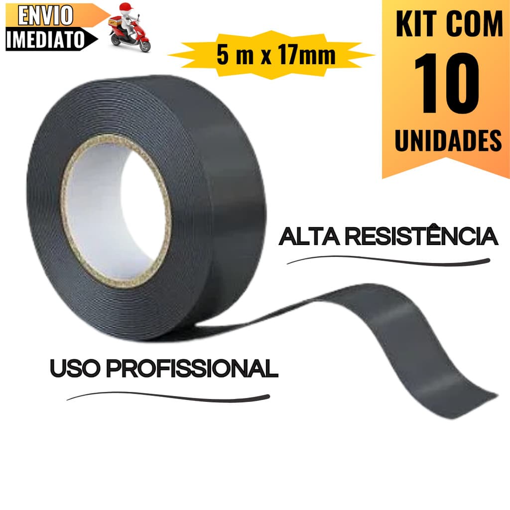 Kit 10 Fita Isolante 17mm X 5 Metros Profissional Antichamas Rolos Adesiva Preta Original