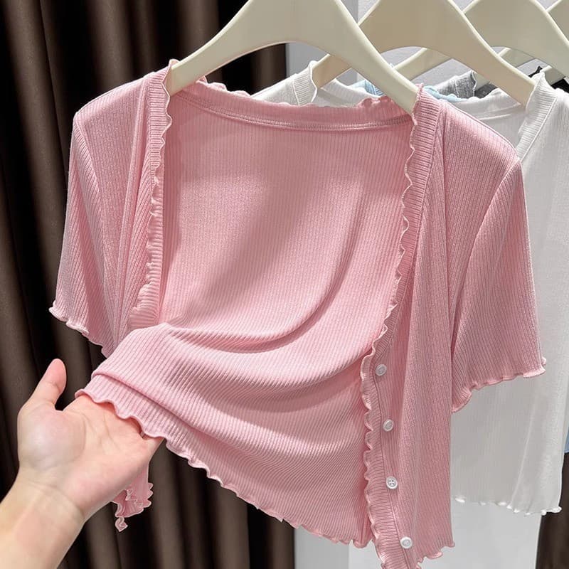 Blazer Rosa Feminino de Verão, Cardigã de Malha, Manga Curta, Fino, Pequeno, Colete Curto para Vestido 4W4Z