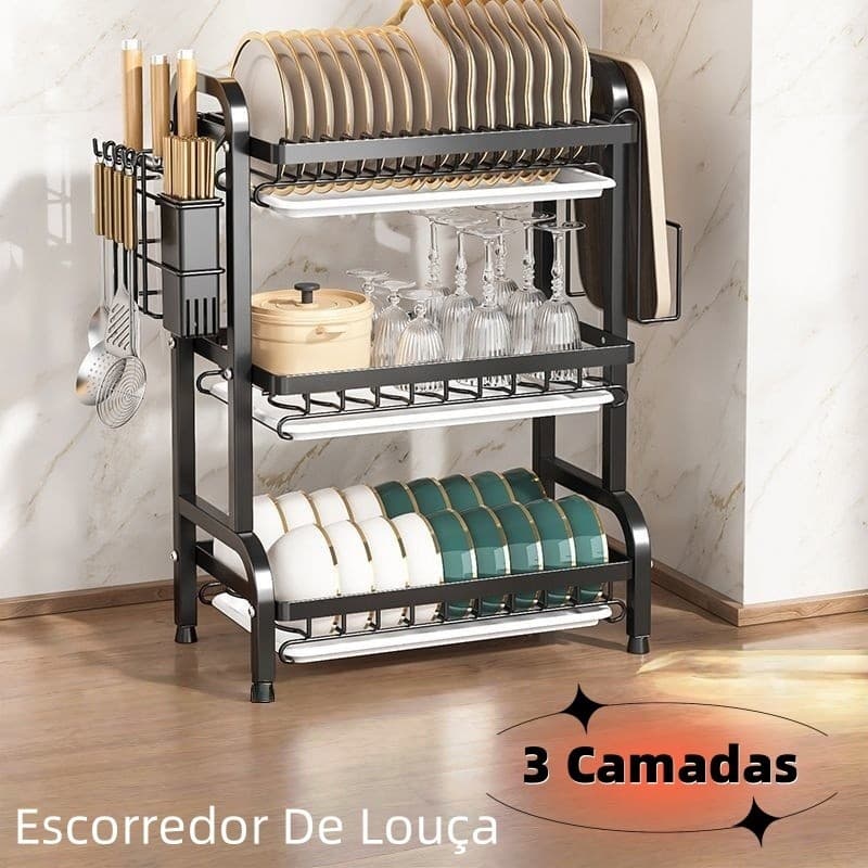 Escorredor de Pratos de 3 Andares em Aço Inoxidável para Cozinha