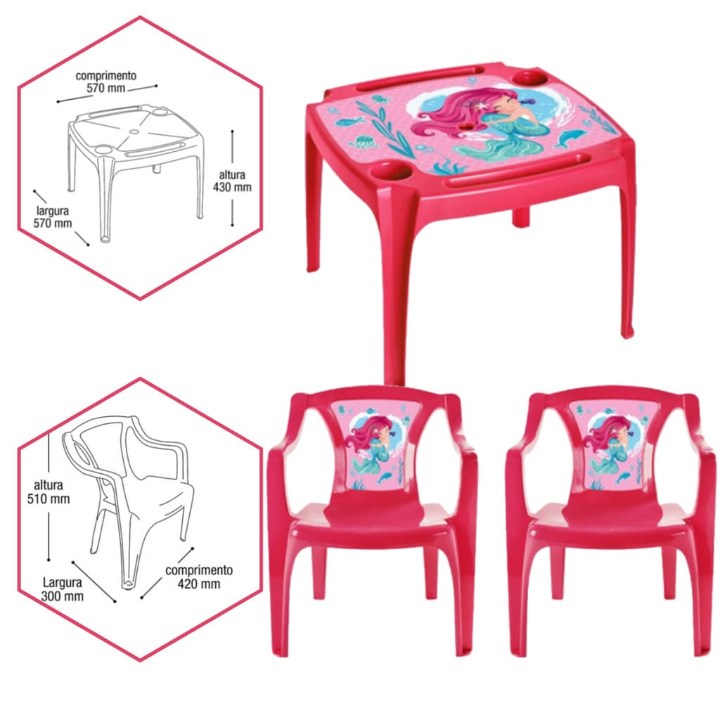 Kit Mesa e 2 Cadeira Infantil Atividades Educativa Rosa Sereia Label