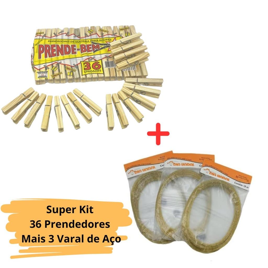 Kit 36 Prendedores de Madeira + 3 Varal Roupa Fio de Aço Reforçado e Revestido10m - S&V