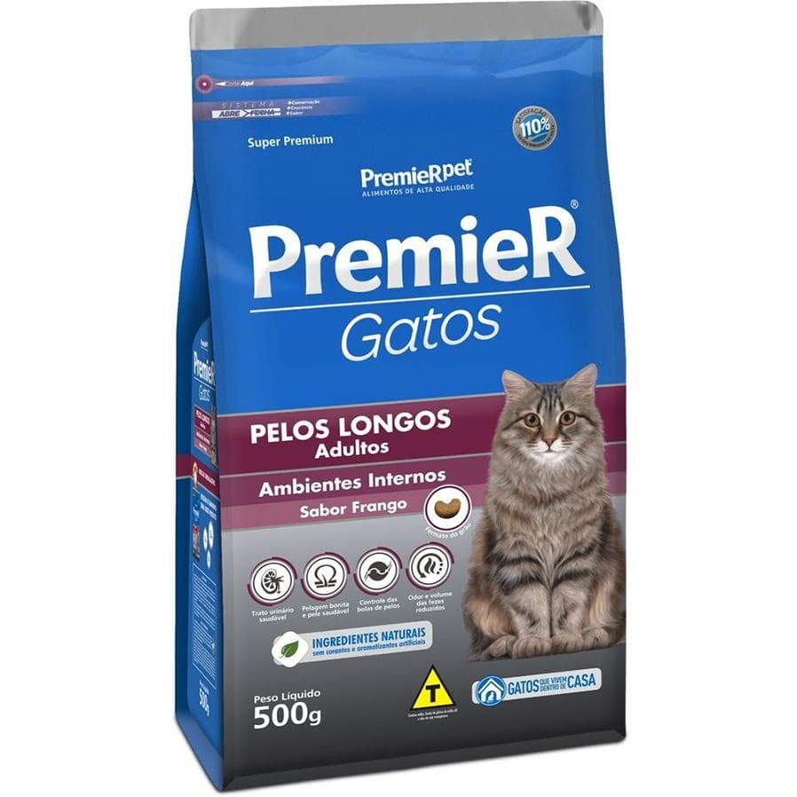 Ração Seca Premier Gatos Ambientes Internos Frango Para Gatos Adultos Pelos Longos