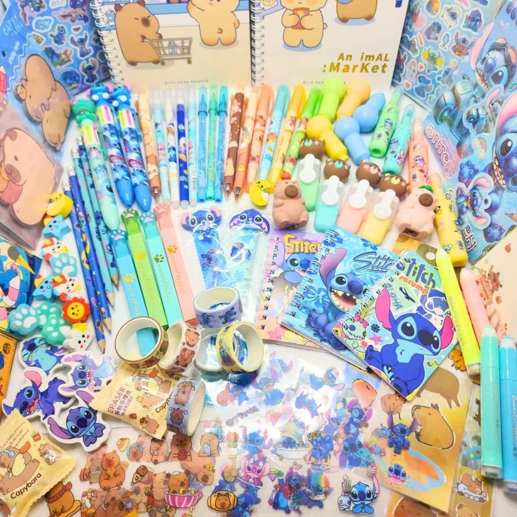 Kit Papelaria Fofo Kawaii 05 Itens Presente Criativos Menino Caneta Marca Texto Stich Notes Borracha Adesivos Caderninho