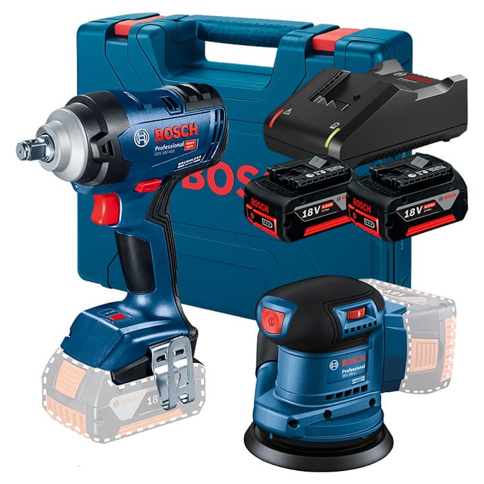 Kit Chave de Impacto 1/2" GDS 18V-400 + Lixadeira Roto Orbital 5" GEX 185-LI + 2 Bateria 4Ah + Carregador Rápido Bosch