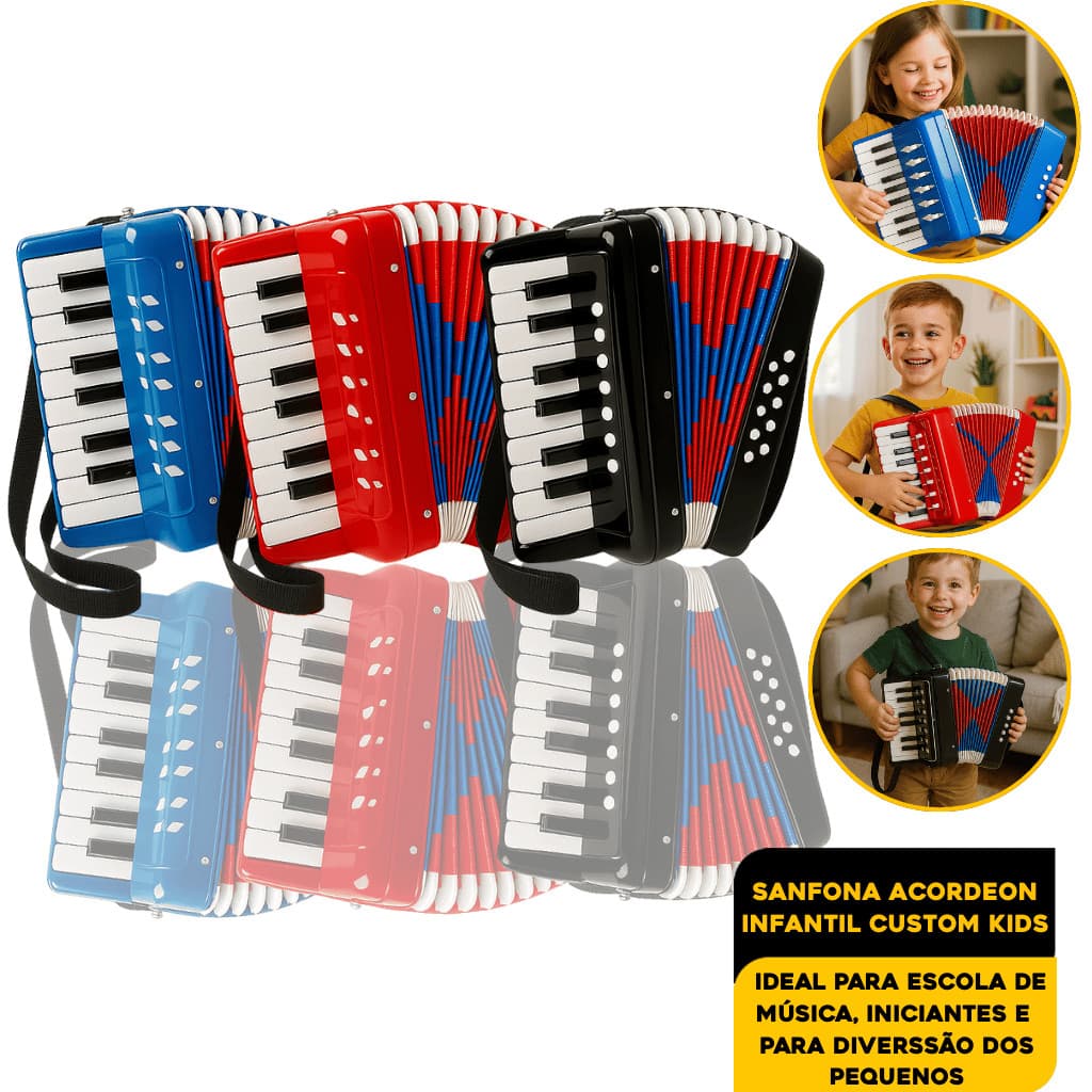 Sanfona Acordeon Infantil Varias Cores 17 Teclas 8 Baixos Premium
