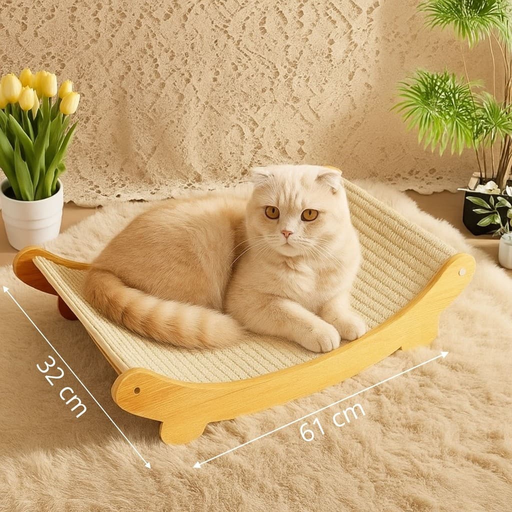 Cama e Arranhador Design Curvo para Gatos Madeira e Sisal Resistente e Durável