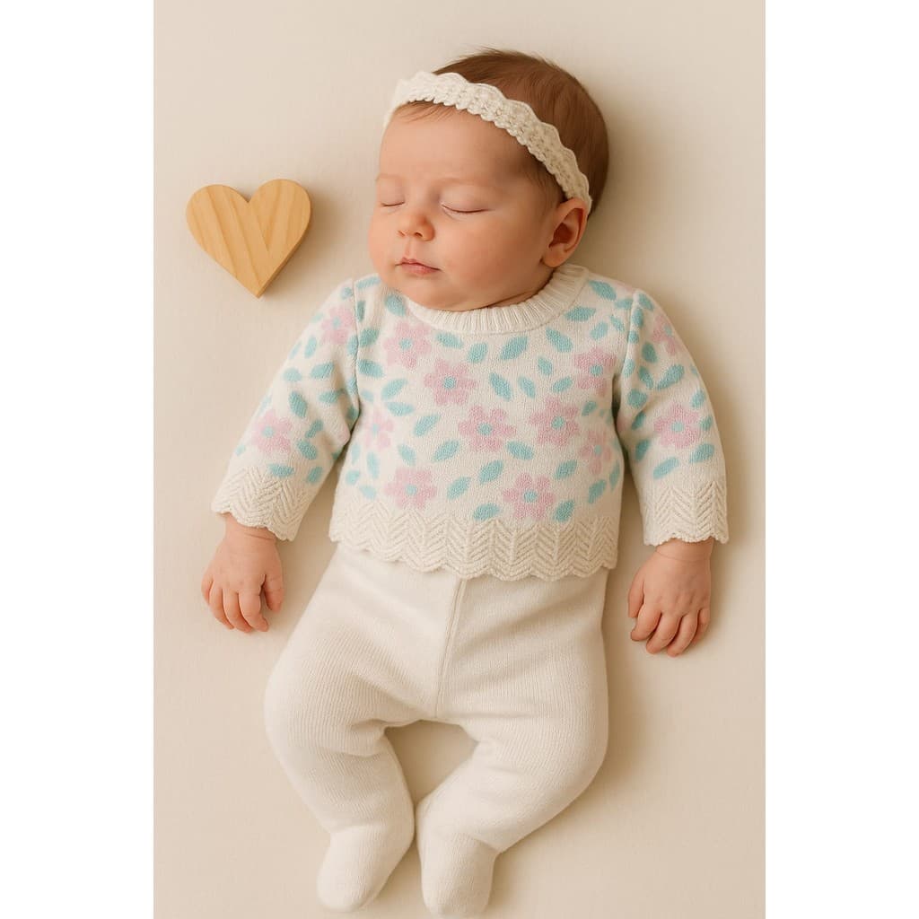Conjunto Blusa Flor Calça Menina Recem Nascido Tricô Rn Bebê Infantil