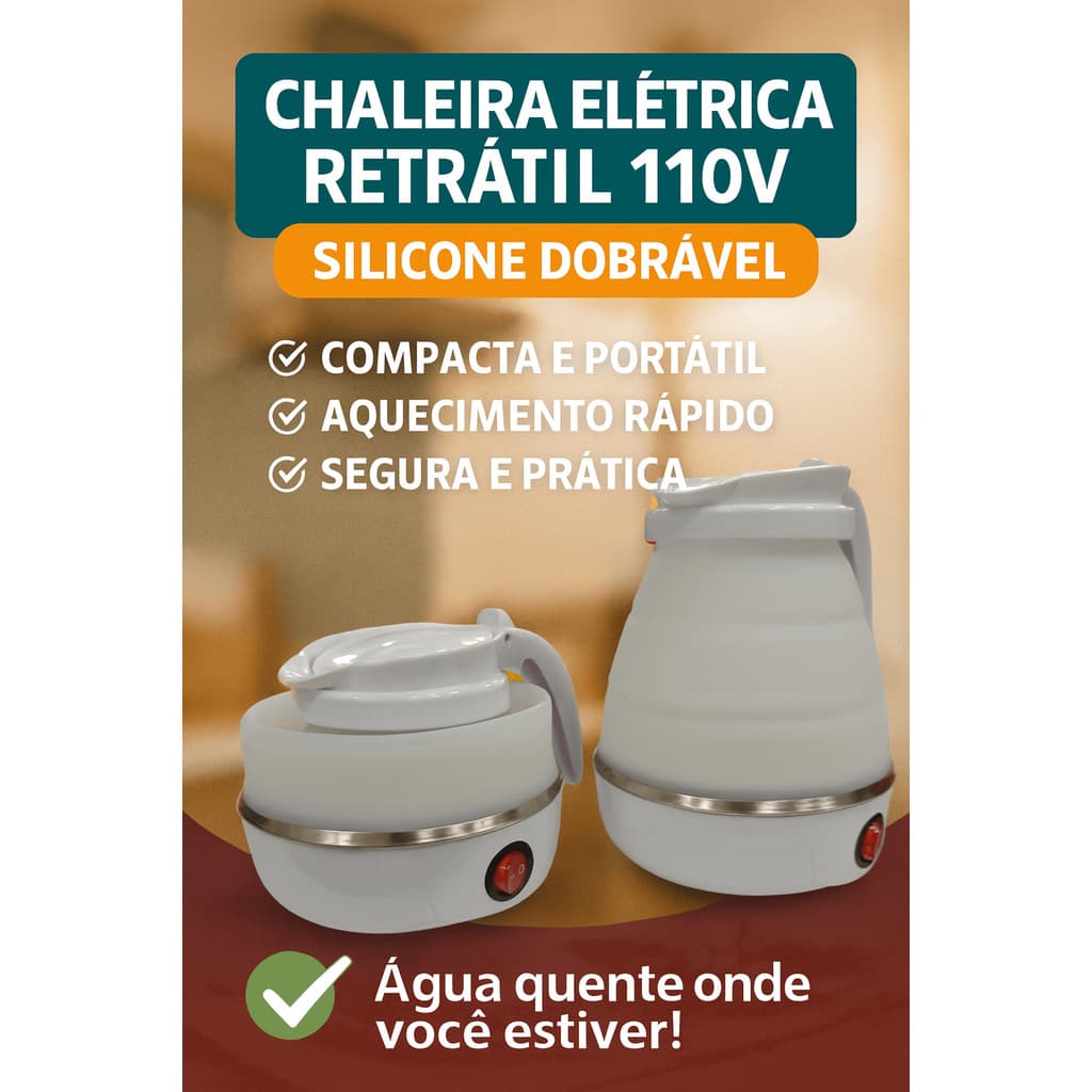 Chaleira Elétrica Retrátil 110V – Silicone Dobrável p/ Água, Café, Chá e Leite | Compacta e Prática