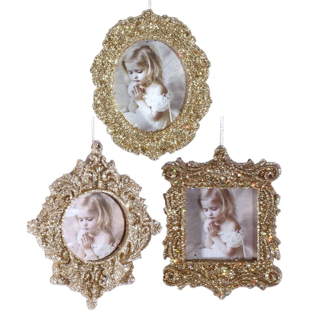 Jogo 3 Porta Retrato Decorativo Glitter Champanhe Gold Para Árvore Natal 10cm - Magizi