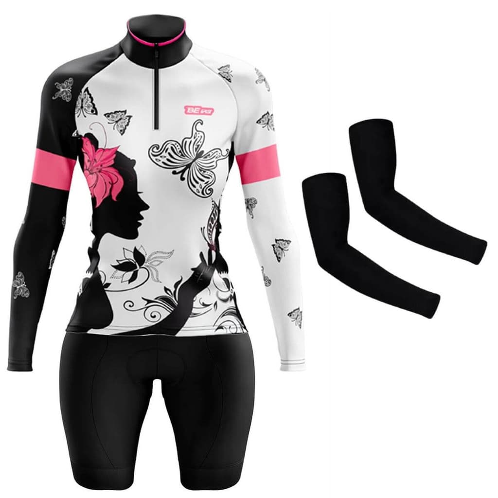 Conjunto Ciclismo Feminina Camisa Manga Longa Bermuda Forro Espuma Manguito Mountain Bike Borboleta