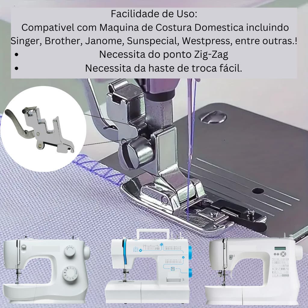 Sapata Calcador Acabamento Overlock Chuleado Sem Faca para Máquina de Costura Doméstica