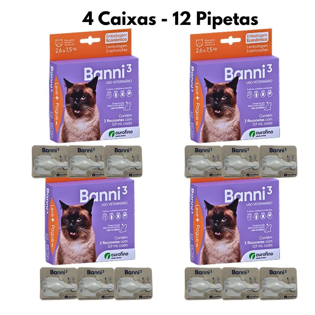 Kit Combo 3 Pipetas Banni 3 Gato Adulto 2,6 a 7,5kg Antipulgas Sarna Ouvido Vermes Ourofino
