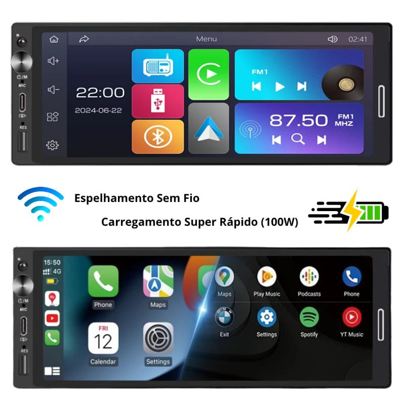 Central Multimídia 1Din IPS Full Screen 6.9 Pols, Android Auto e Carplay, Espelha SEM FIO Bluetooth