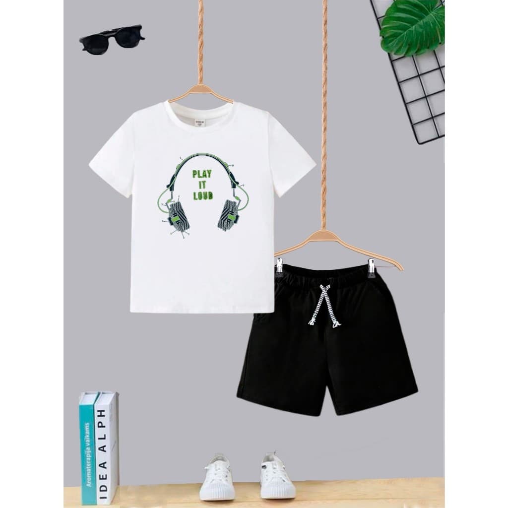 Kit Conjunto Infantil Short Com Bolso e Camiseta Algodão Fone play it loud Moda Teen Kids