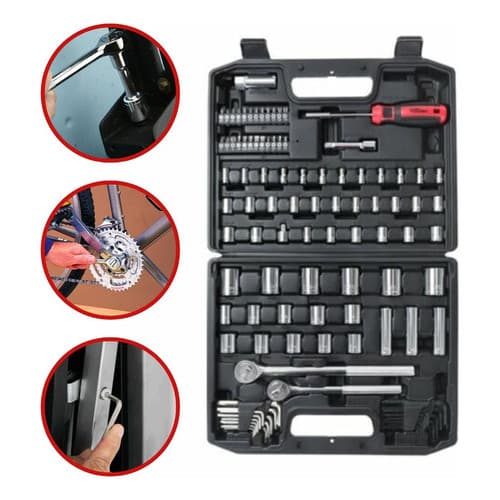 Jogo de Soquetes 107 Peças Profissional com Catraca 1/4 3/8 1/2 Kit Ferramentas Completo com Estojo
