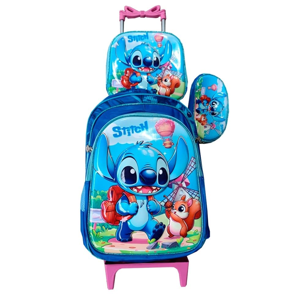 Kit Mochila do Stitch em 3D com Rodinhas Feminina  Reforçada ... Lancheira Térmica ... Estojo Escolar Infantil