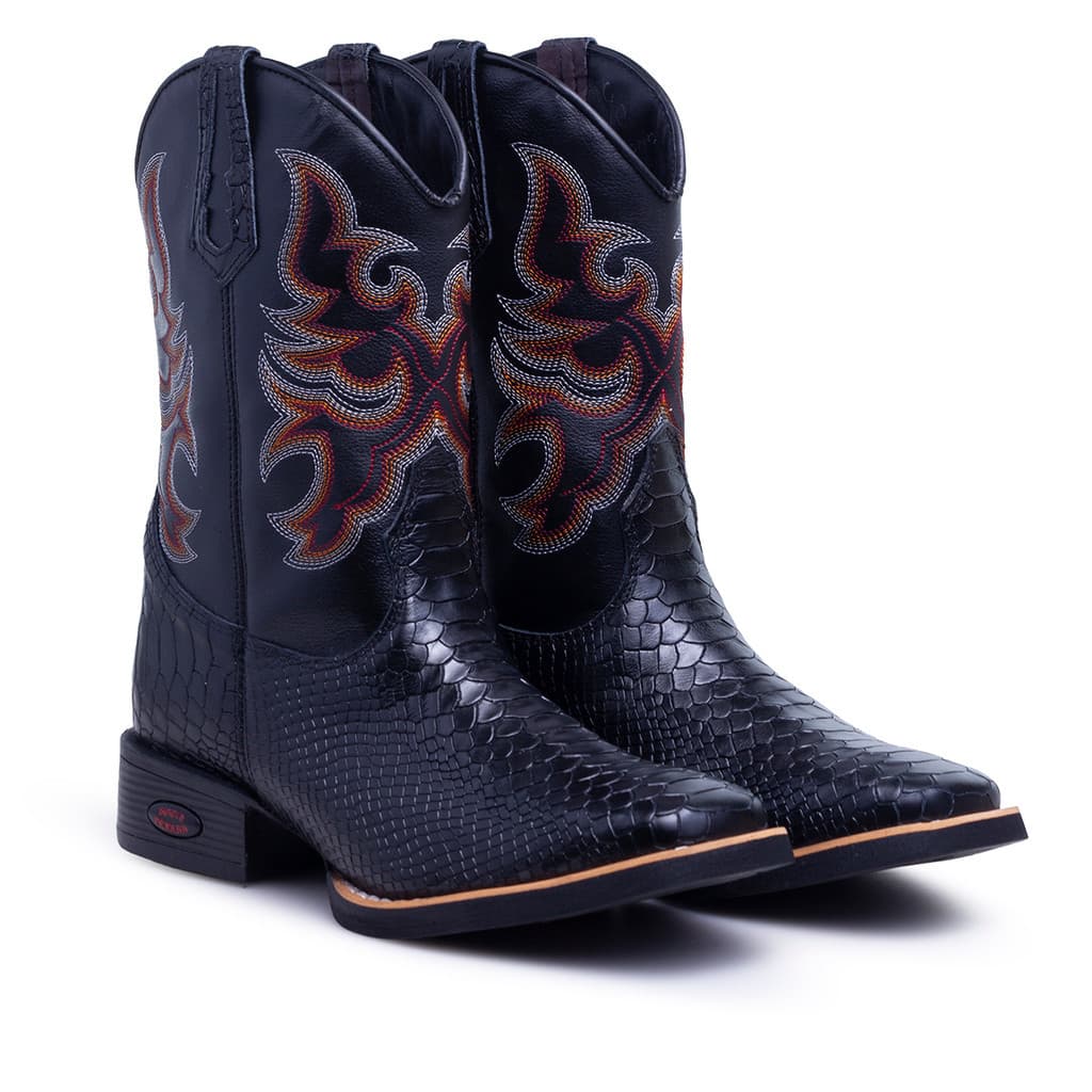 Bota Texana Country Masculina Couro Jacaré Preta Bordado Colorido Estilo Rodeio 2712 Butina