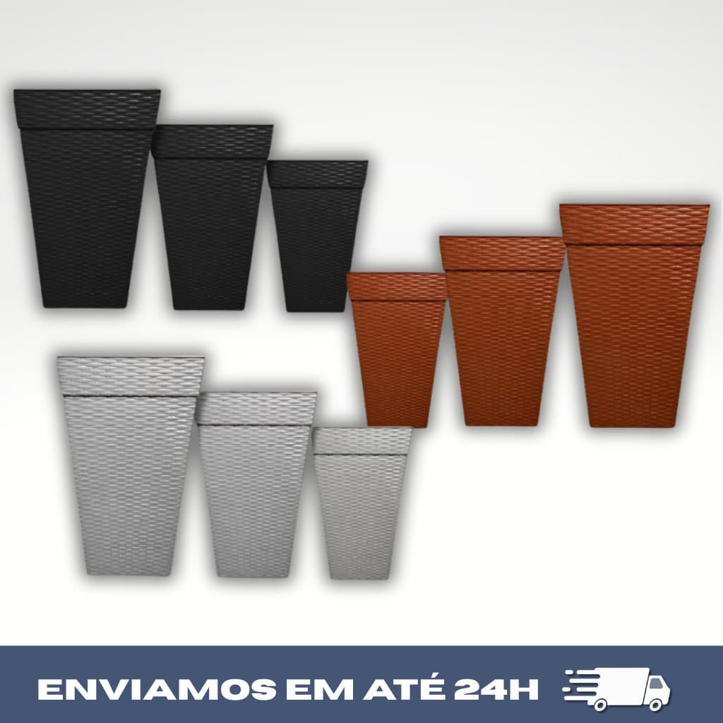 Kit Vasos Rattan 3 Peças Pequeno Médio Grande 10L 17,5L 28L Jardim Decoração Plantas Flores Casa Varanda Durável