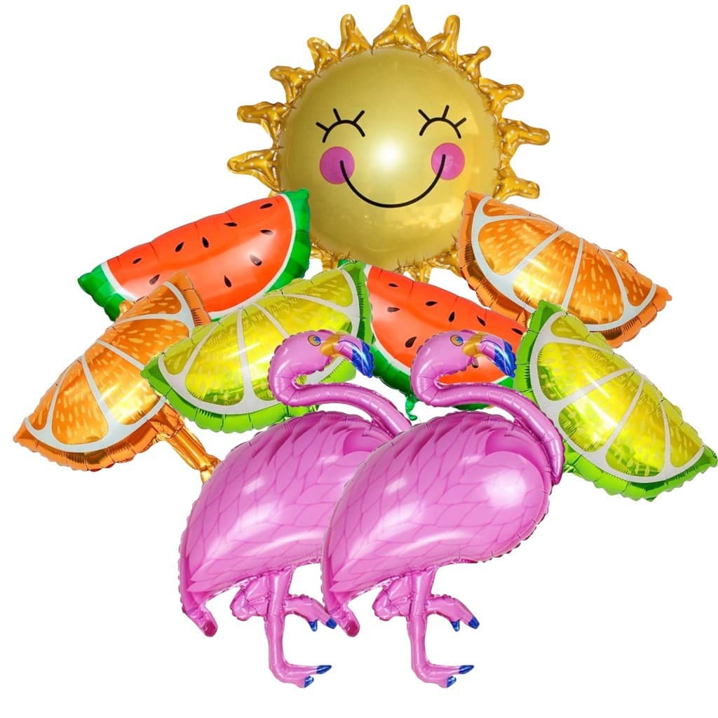 Kit 9 Balão Pool Party Metalizado Tropical Frutas Sol Flamingo Centro Mesa