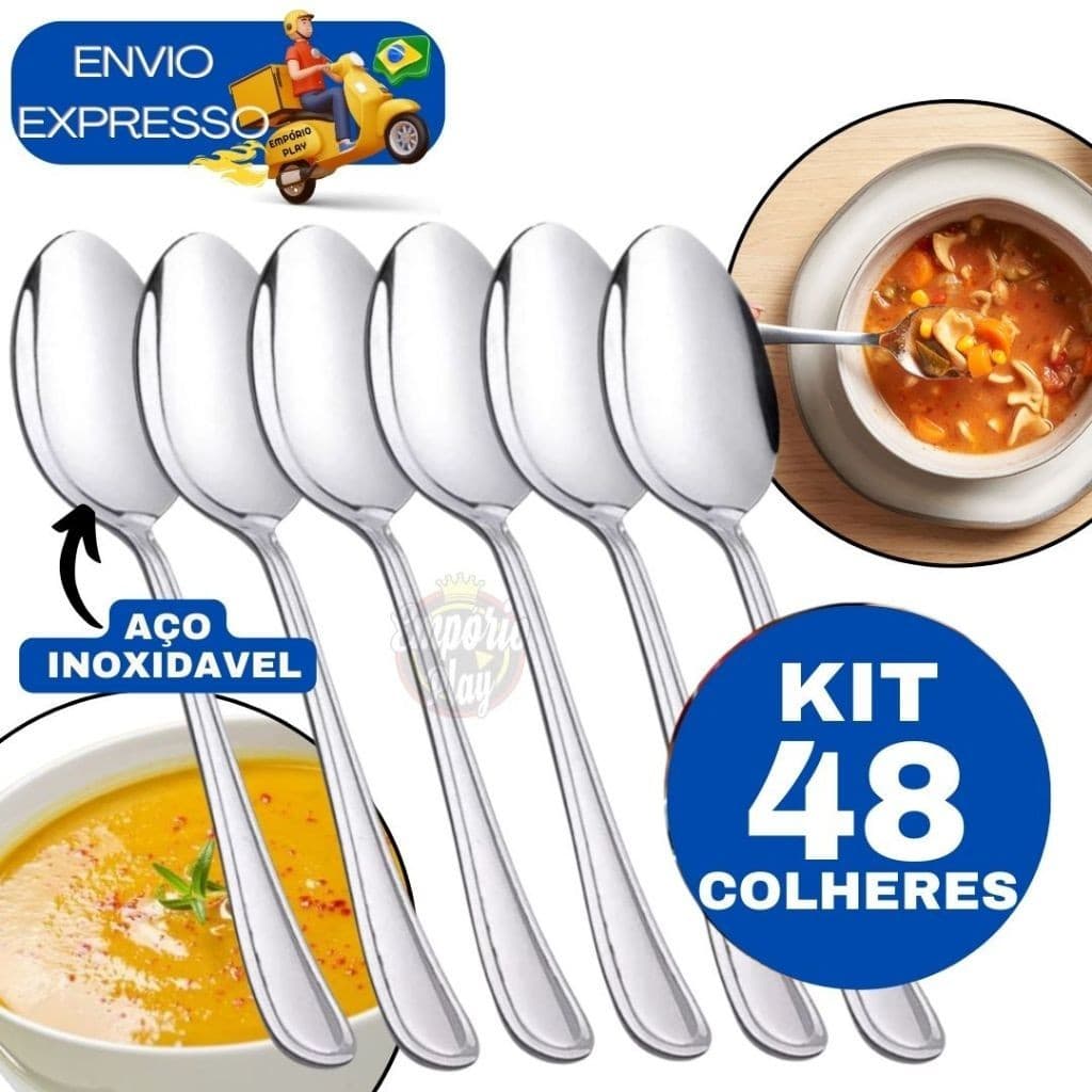 Kit 48 Colher de Sopa Talher de Mesa Cozinha em Inox para Casa Restaurante Lanchonete Padaria Churrascaria