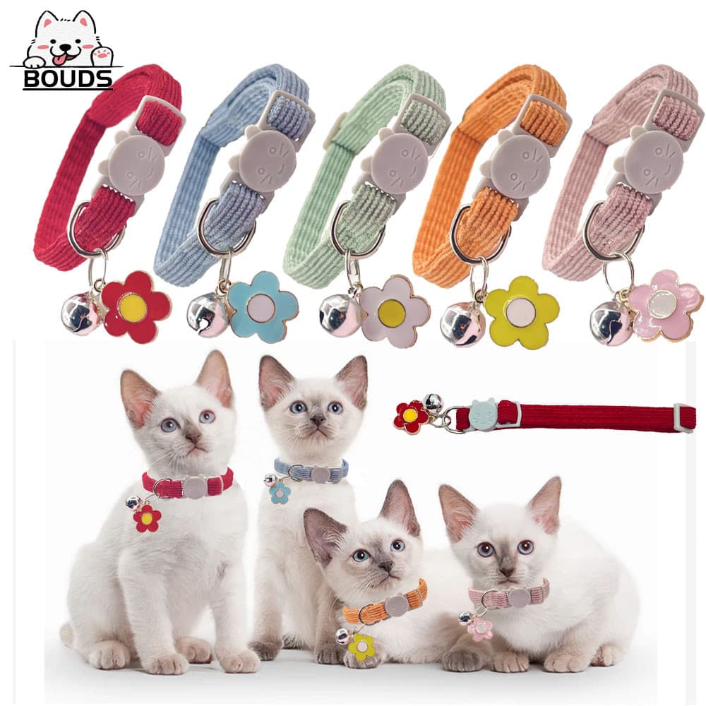 Coleira Gato de Veludo Cotelê com Pingente Flor e Sino, Fechamento Anti-Estrangulamento, Ajustável para Gatinhos