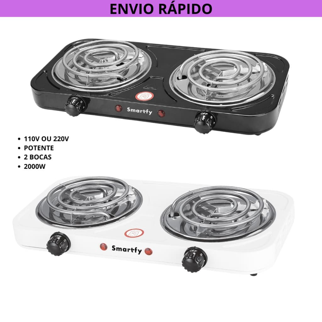 Fogareiro Elétrico Fogão Elétrico Smartfy Camping Casa Pesca FG03W Potente 2000W 2 Bocas Espiral 110V - 220