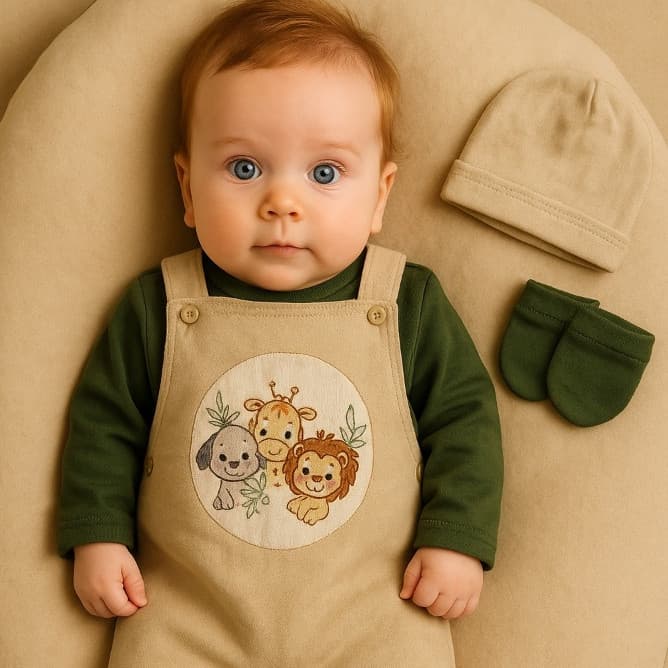 Saída Maternidade Menino Bebê Safari Verde e Branco 4 Peças com Macacão, Body Touca e Luvas
