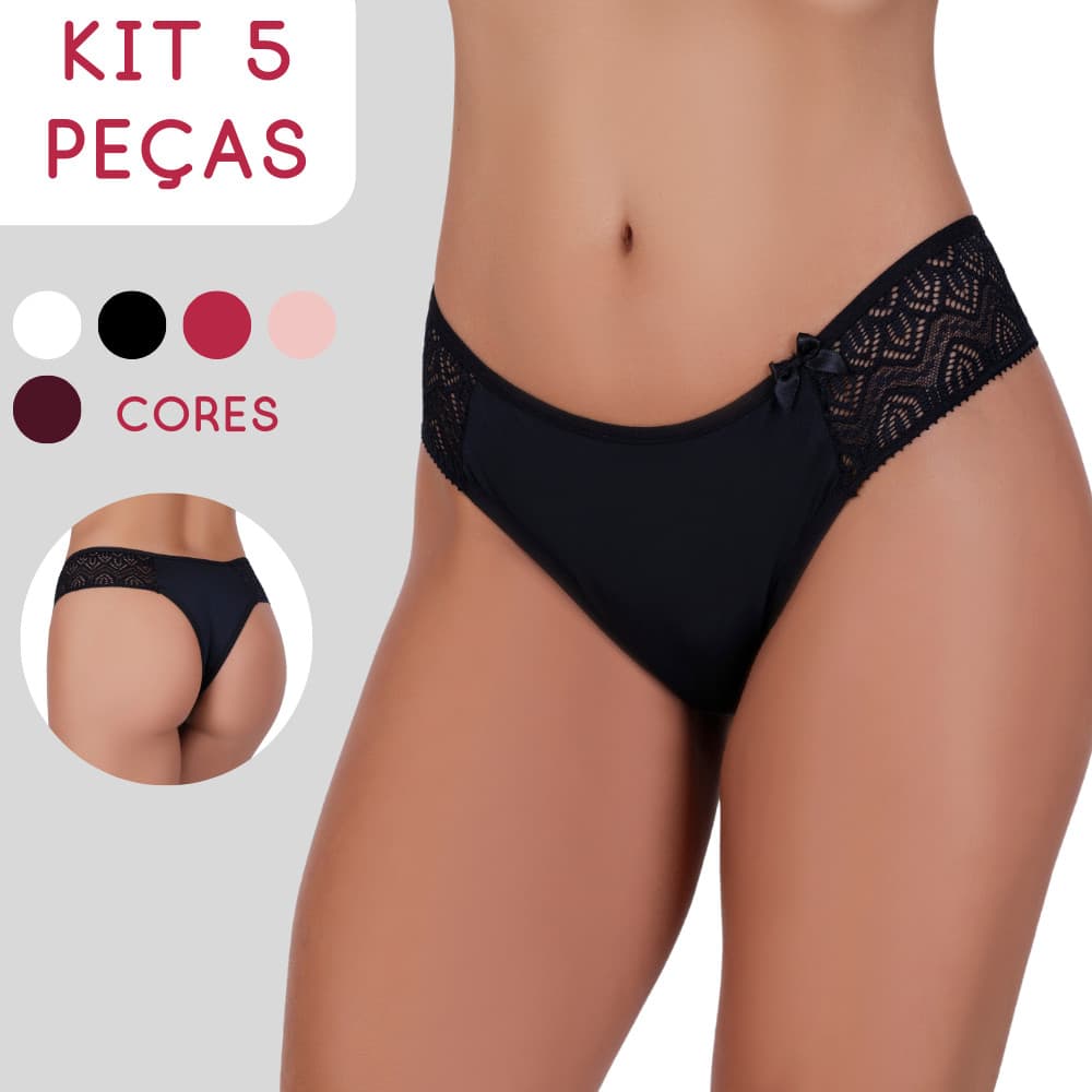 Kit 5 Calcinhas Femininas Cintura Média Semi Fio com Renda Lateral  Frete Grátis