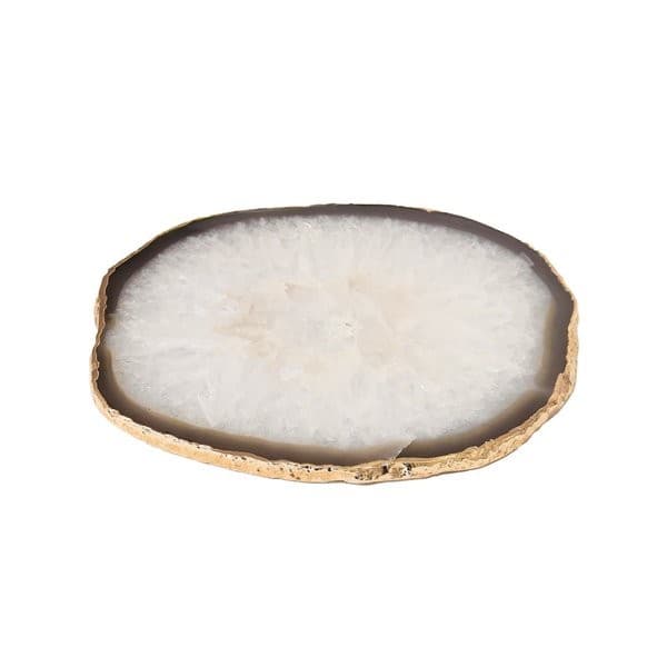 Platter Pedra Ágata Natural Marrom 20 à 24cm Com Banho De Ouro Na Borda