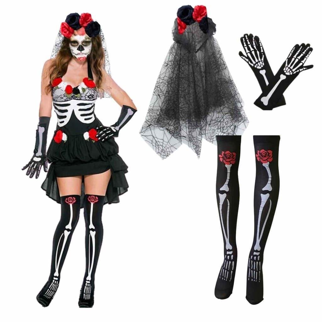 Kit Fantasia Caveira Mexicana Acessórios Luva Tiara e Meia