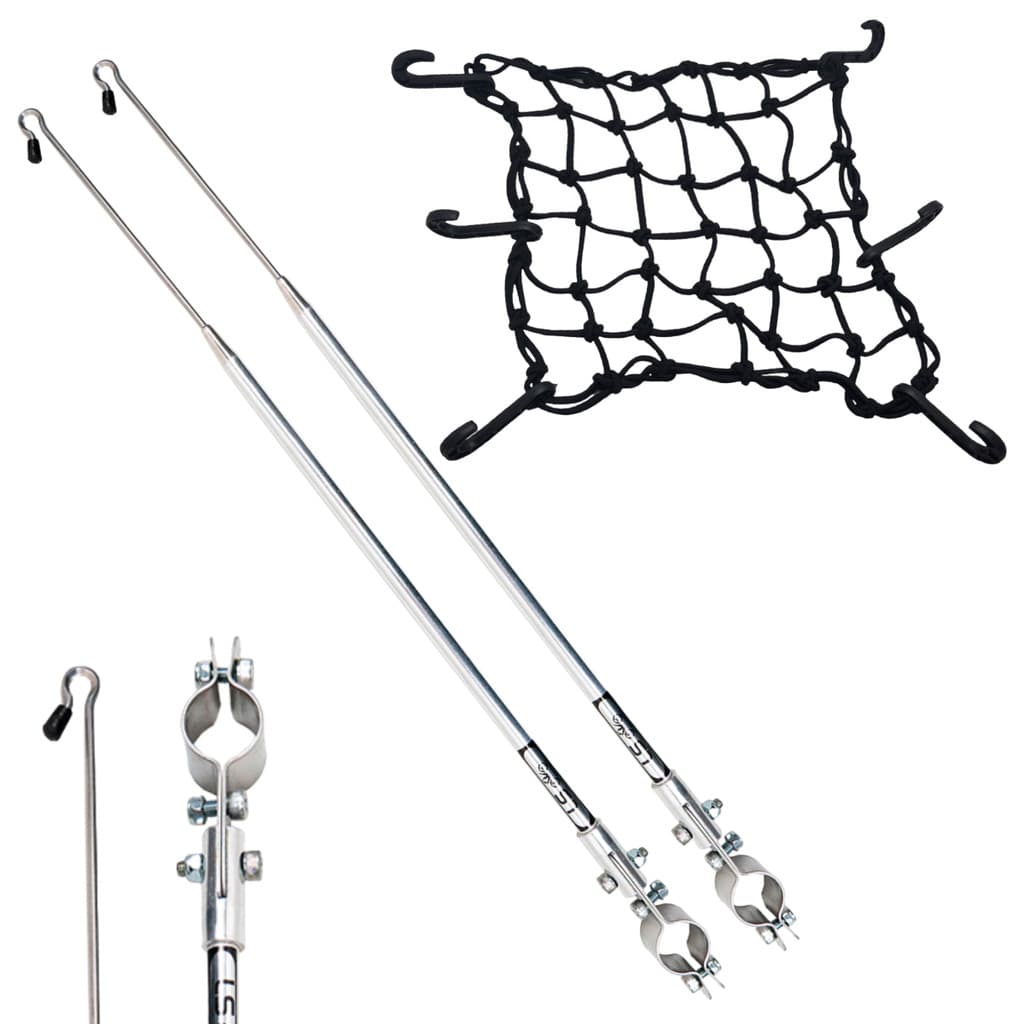 Kit 2 Antena Moto Anti Cerol Corta Linha Pipa Fio Guidão Rede Elástica Aranha P/ Moto 35x35 Prender Segurar Capacete Carga Bagageiro Redinha
