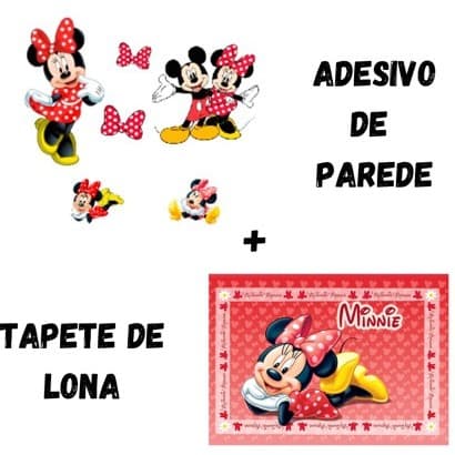 Kit Decoração de Quarto Minnie Mouse Mickey Mouse Disney Tapete de Lona Grande + Adesivos para parede Infantil Minnie